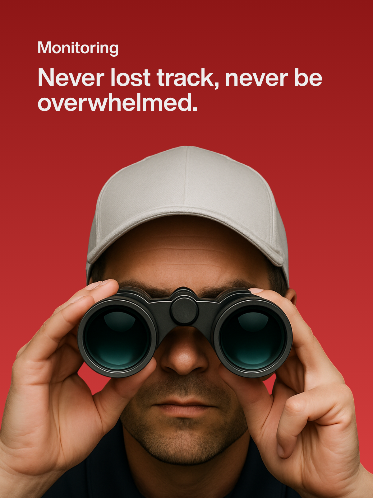 Man looking through binoculars symbolizing consistent progress monitoring and focus